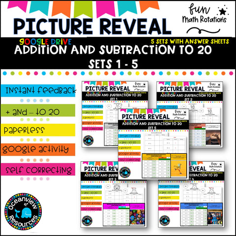 GOOGLE Picture Reveal ADDITION AND SUBTRACTION TO 20 with worksheets (5 sets)