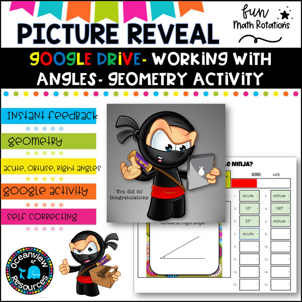 GOOGLE slides NINJA picture reveal 16 questions about angles with worksheets