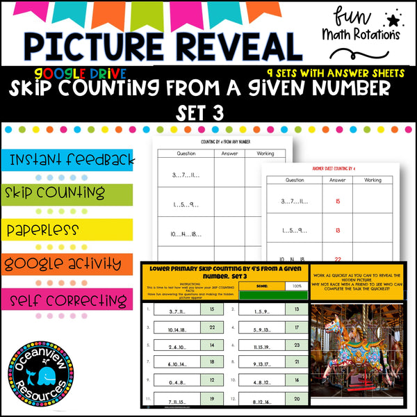 GOOGLE Picture Reveal SKIP COUNTING FROM A GIVEN NUMBER with worksheets (9 sets)