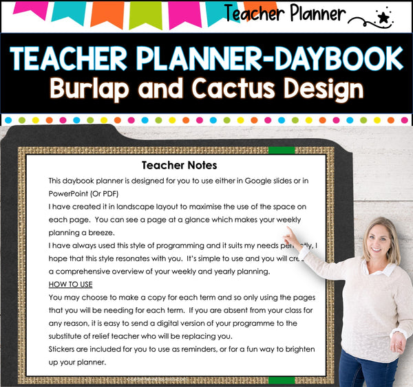 Daybook Planner for Teachers- BURLAP AND CACTUS PDF I GOOGLE SLIDES I PPT