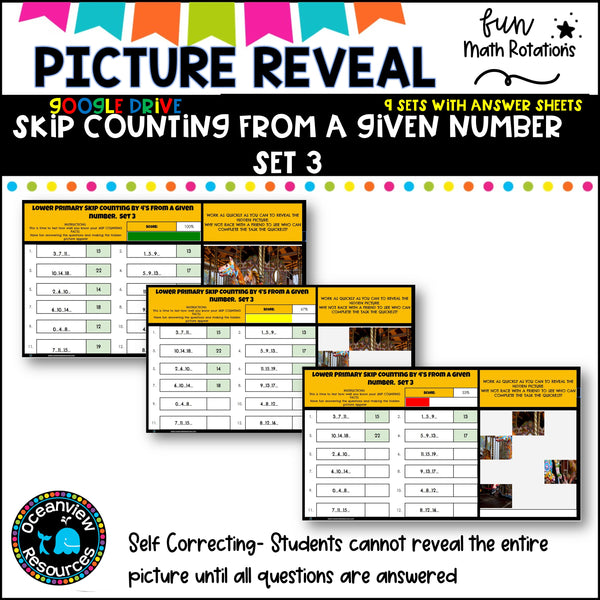 GOOGLE Picture Reveal SKIP COUNTING FROM A GIVEN NUMBER with worksheets (9 sets)