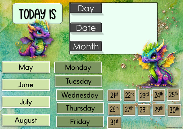 Daily Calendar and Weather chart- Interactive PowerPoint- DRAGON THEME