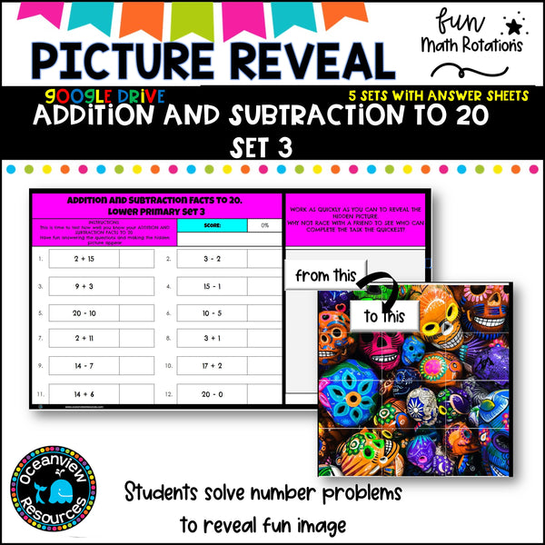 GOOGLE Picture Reveal ADDITION AND SUBTRACTION TO 20 with worksheets (5 sets)