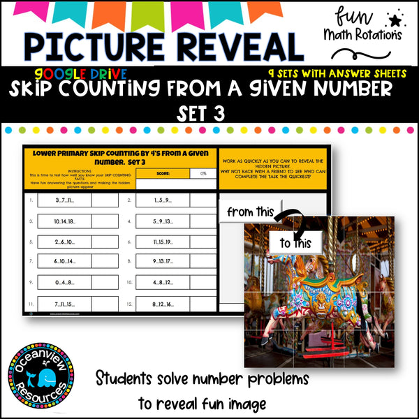 GOOGLE Picture Reveal SKIP COUNTING FROM A GIVEN NUMBER with worksheets (9 sets)