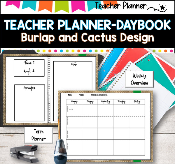 Daybook Planner for Teachers- BURLAP AND CACTUS PDF I GOOGLE SLIDES I PPT