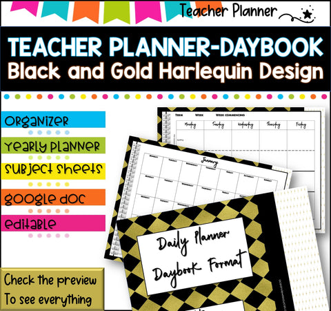 Daybook Planner for Teachers- BLACK AND GOLD DESIGN  PDF I GOOGLE SLIDES I PPT