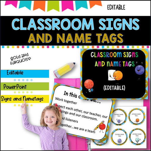 Classroom Signs and Name tags (Editable) TURQUOISE