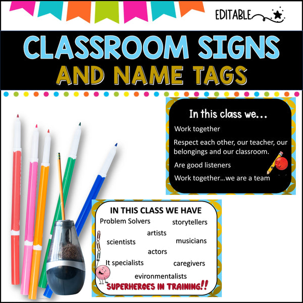 Classroom Signs and Name tags (Editable) TURQUOISE