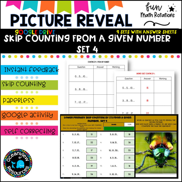 GOOGLE Picture Reveal SKIP COUNTING FROM A GIVEN NUMBER with worksheets (9 sets)