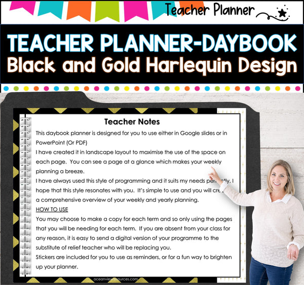 Daybook Planner for Teachers- BLACK AND GOLD DESIGN  PDF I GOOGLE SLIDES I PPT