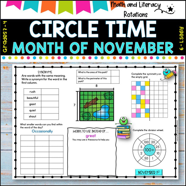 NOVEMBER NO Prep - SUB Pack -Literacy and Number -Grades 3-4 (30 days work)