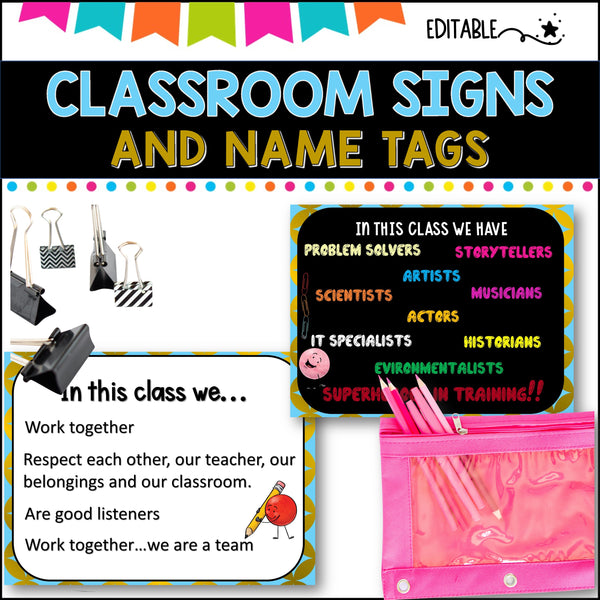 Classroom Signs and Name tags (Editable) TURQUOISE