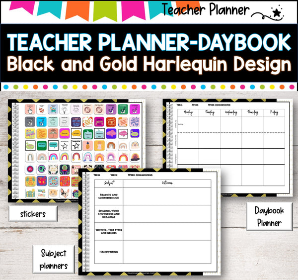 Daybook Planner for Teachers- BLACK AND GOLD DESIGN  PDF I GOOGLE SLIDES I PPT