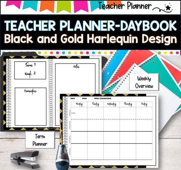 Daybook Planner for Teachers- BLACK AND GOLD DESIGN  PDF I GOOGLE SLIDES I PPT