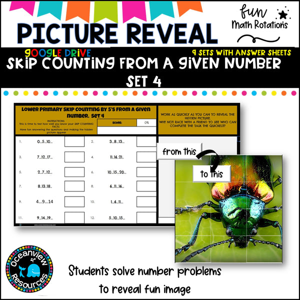 GOOGLE Picture Reveal SKIP COUNTING FROM A GIVEN NUMBER with worksheets (9 sets)