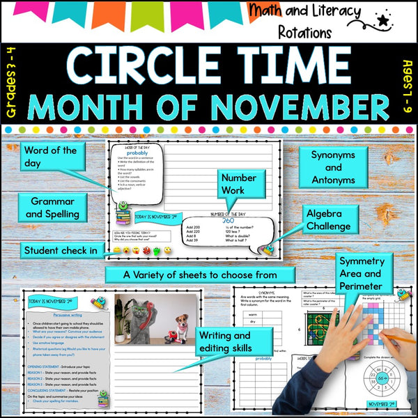 NOVEMBER NO Prep - SUB Pack -Literacy and Number -Grades 3-4 (30 days work)