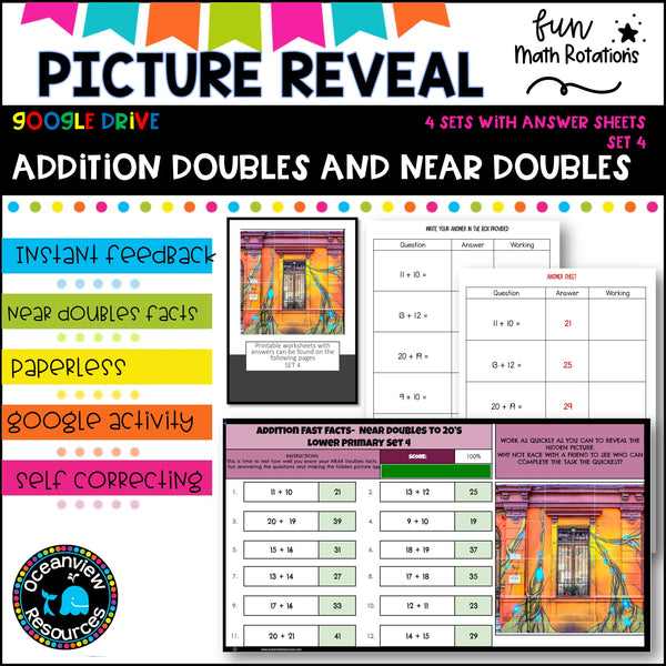 GOOGLE Picture Reveal doubles and near doubles with worksheets (4 sets)