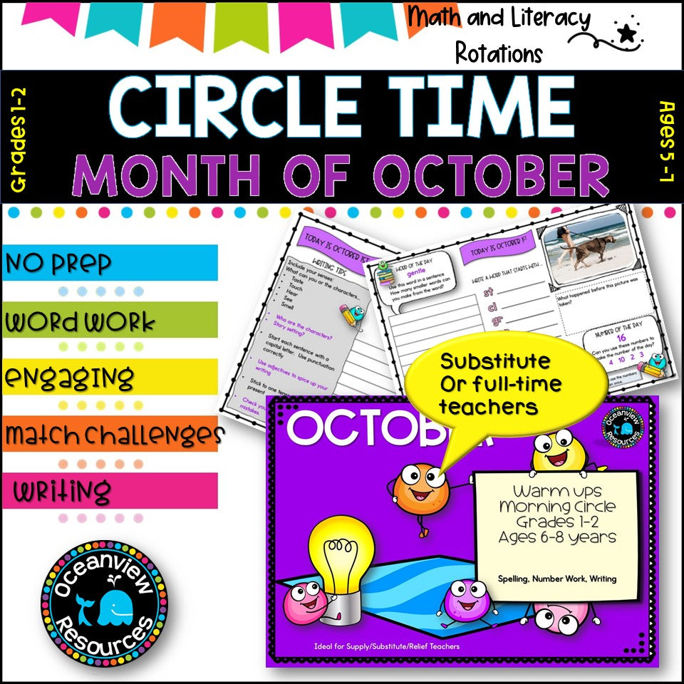 OCTOBER NO Prep - SUB Pack -Literacy and Number -Grades 1-2 (31 days work)