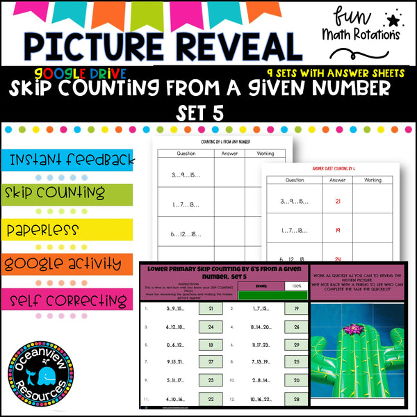 GOOGLE Picture Reveal SKIP COUNTING FROM A GIVEN NUMBER with worksheets (9 sets)