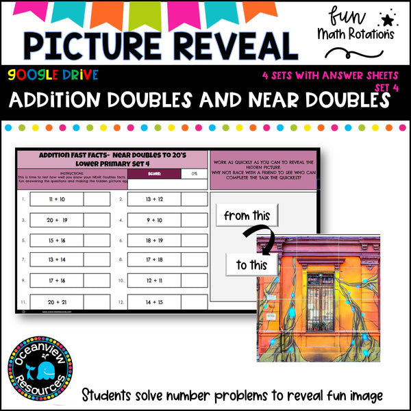 GOOGLE Picture Reveal doubles and near doubles with worksheets (4 sets)