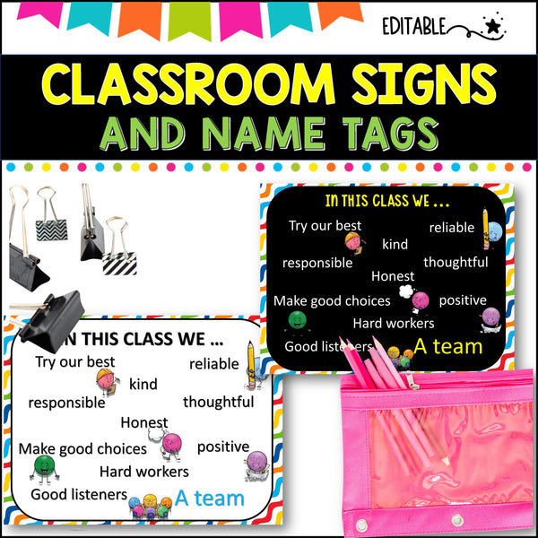 Classroom Signs and Name tags (Editable) CHEVRON