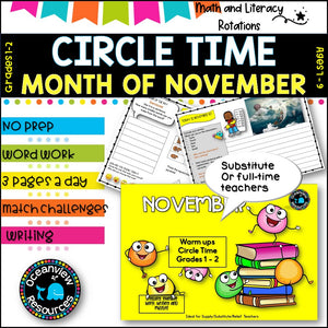 NOVEMBER NO Prep - SUB Pack -Literacy and Number -Grades 1-2 (30 days work)