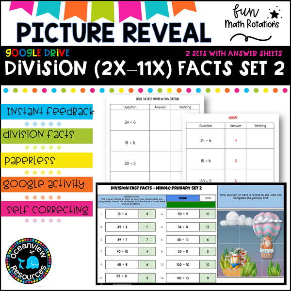 FUN Picture reveal DIGIT mixed division with worksheets (2 sets)