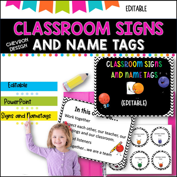 Classroom Signs and Name tags (Editable) BLACK AND WHITE