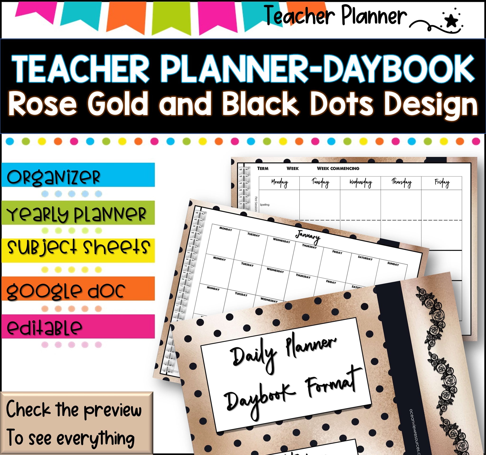 Daybook Planner for Teachers- Rose Gold and Black SPOTS PDF I GOOGLE SLIDES I PPT