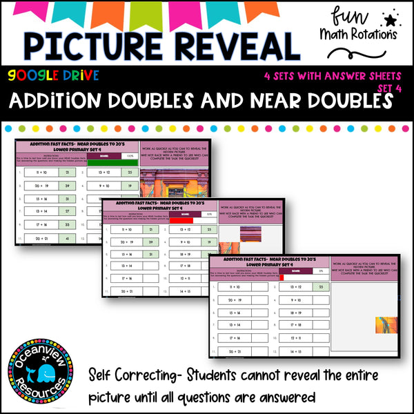 GOOGLE Picture Reveal doubles and near doubles with worksheets (4 sets)