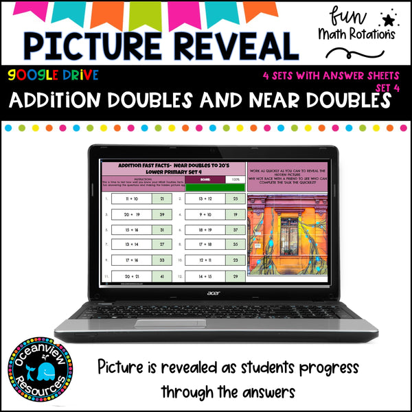 GOOGLE Picture Reveal doubles and near doubles with worksheets (4 sets)