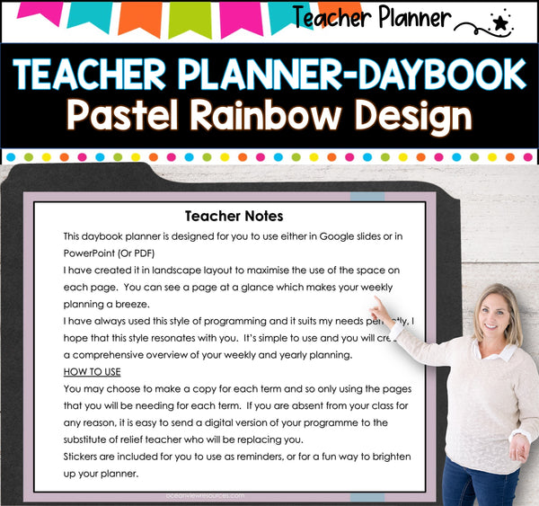 Daybook Planner for Teachers- PASTEL RAINBOW DESIGN  PDF I GOOGLE SLIDES I PPT