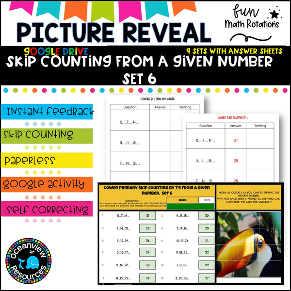 GOOGLE Picture Reveal SKIP COUNTING FROM A GIVEN NUMBER with worksheets (9 sets)