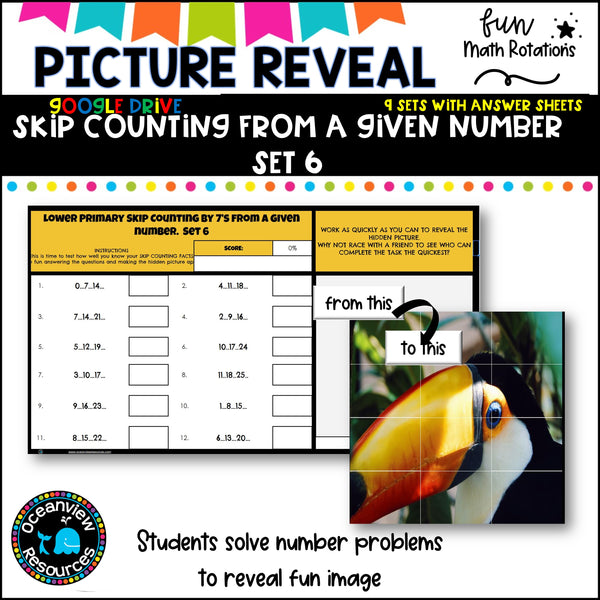 GOOGLE Picture Reveal SKIP COUNTING FROM A GIVEN NUMBER with worksheets (9 sets)