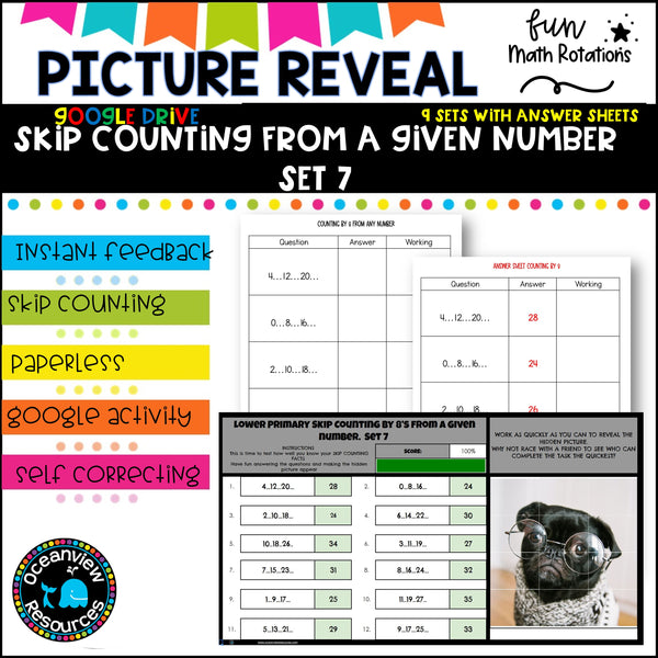 GOOGLE Picture Reveal SKIP COUNTING FROM A GIVEN NUMBER with worksheets (9 sets)