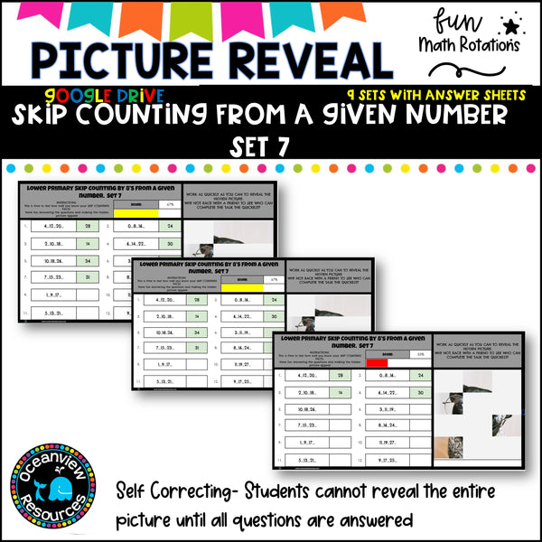 GOOGLE Picture Reveal SKIP COUNTING FROM A GIVEN NUMBER with worksheets (9 sets)