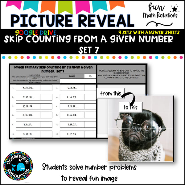 GOOGLE Picture Reveal SKIP COUNTING FROM A GIVEN NUMBER with worksheets (9 sets)