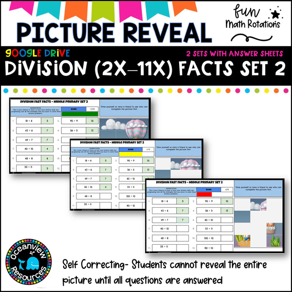 FUN Picture reveal DIGIT mixed division with worksheets (2 sets)