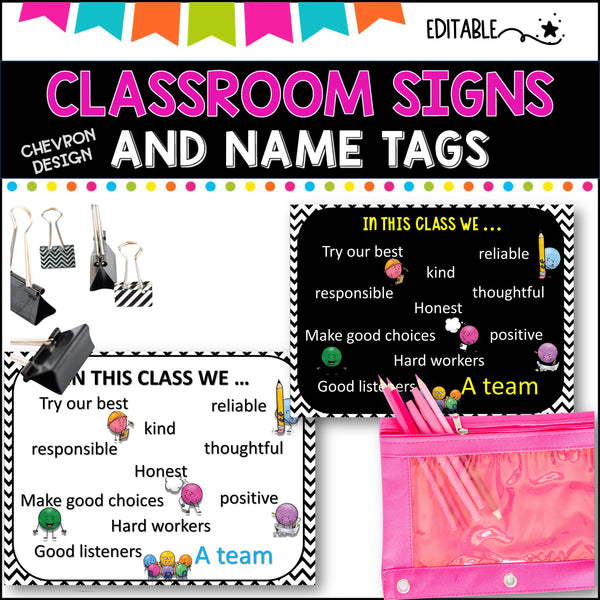 Classroom Signs and Name tags (Editable) BLACK AND WHITE