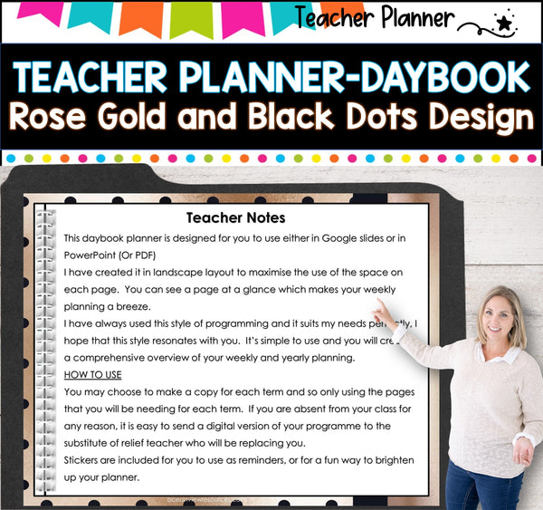 Daybook Planner for Teachers- Rose Gold and Black SPOTS PDF I GOOGLE SLIDES I PPT