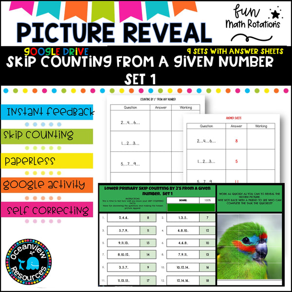 GOOGLE Picture Reveal SKIP COUNTING FROM A GIVEN NUMBER with worksheets (9 sets)