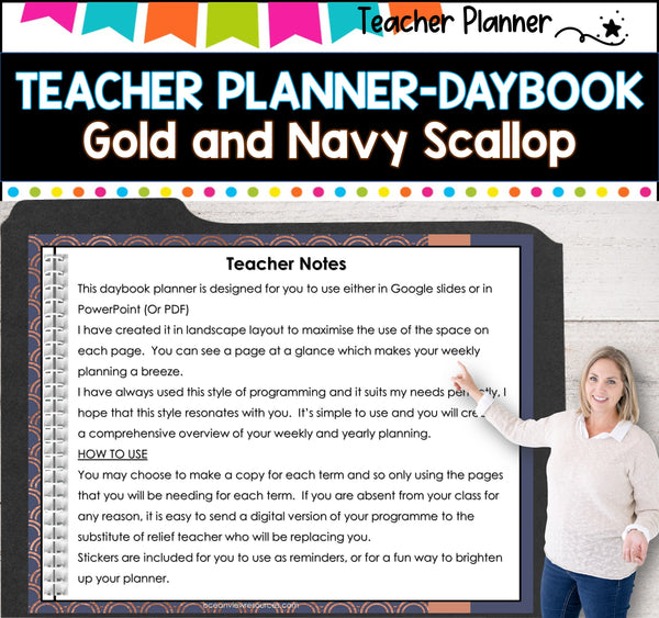 Daybook Planner for Teachers-ROSE GOLD AND NAVY PDF I GOOGLE SLIDES I PPT