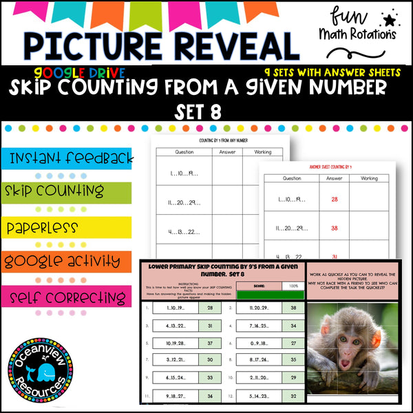 GOOGLE Picture Reveal SKIP COUNTING FROM A GIVEN NUMBER with worksheets (9 sets)