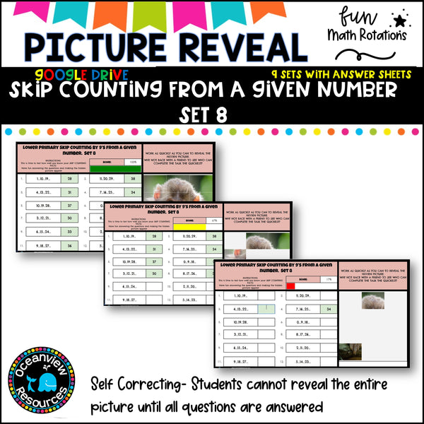 GOOGLE Picture Reveal SKIP COUNTING FROM A GIVEN NUMBER with worksheets (9 sets)