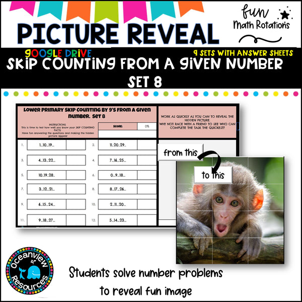 GOOGLE Picture Reveal SKIP COUNTING FROM A GIVEN NUMBER with worksheets (9 sets)