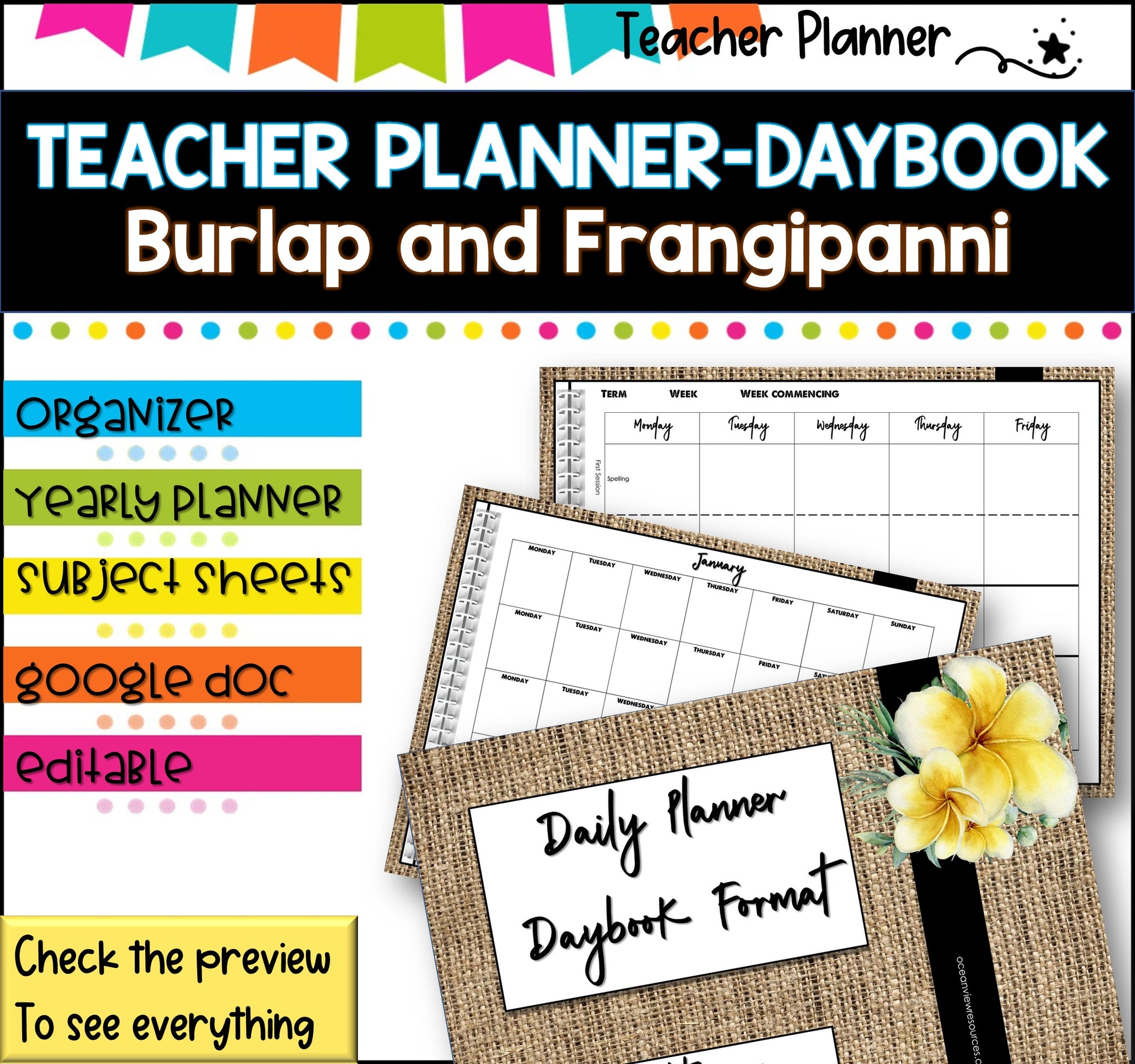 Daybook Planner for Teachers- BURLAP AND FRANGIPANNI PDF I GOOGLE SLIDES I PPT