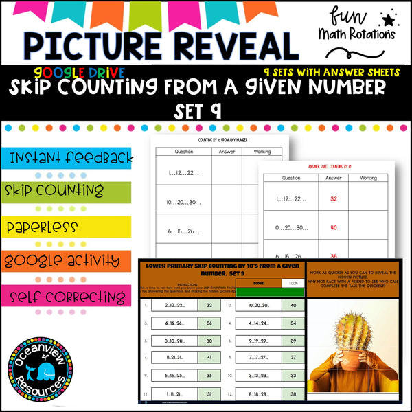 GOOGLE Picture Reveal SKIP COUNTING FROM A GIVEN NUMBER with worksheets (9 sets)