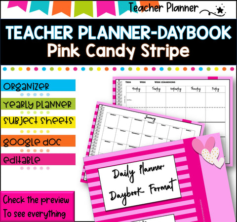 Daybook Planner for Teachers- PINK STRIPED PDF I GOOGLE SLIDES I PPT