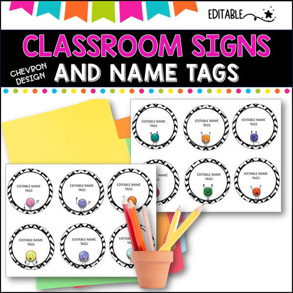 Classroom Signs and Name tags (Editable) BLACK AND WHITE