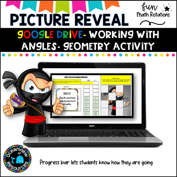 GOOGLE slides NINJA picture reveal 16 questions about angles with worksheets